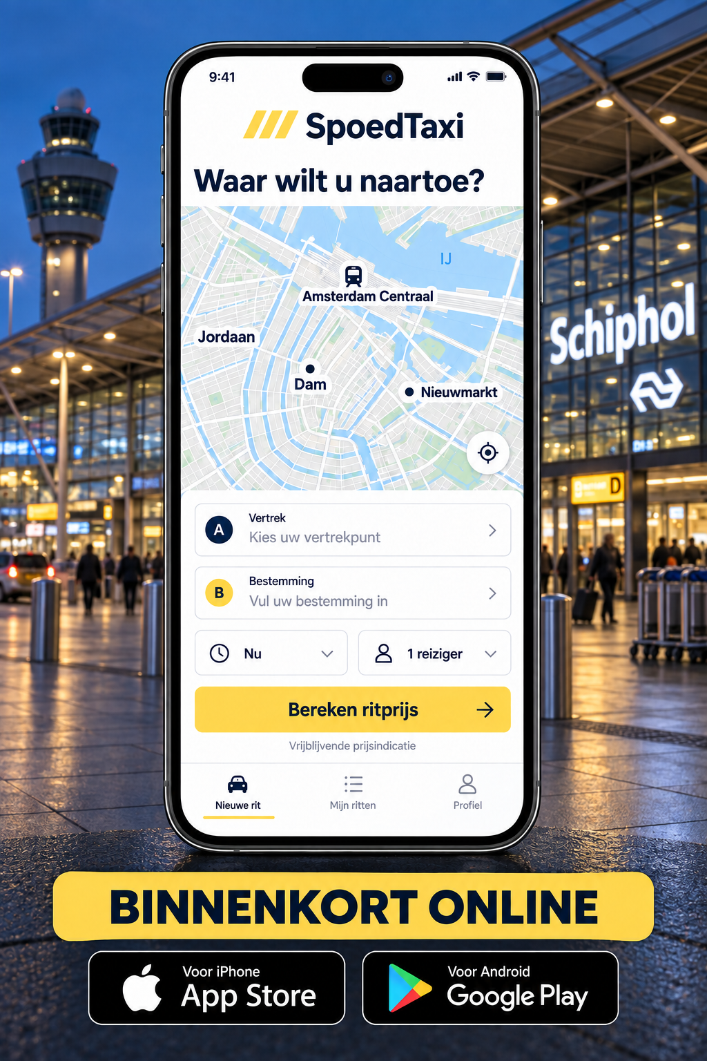 De SpoedTaxi-app voor een Schiphol-achtergrond, met Amsterdam Centraal, Dam, Jordaan en Nieuwmarkt op de kaart, adresvelden en prijsberekening.